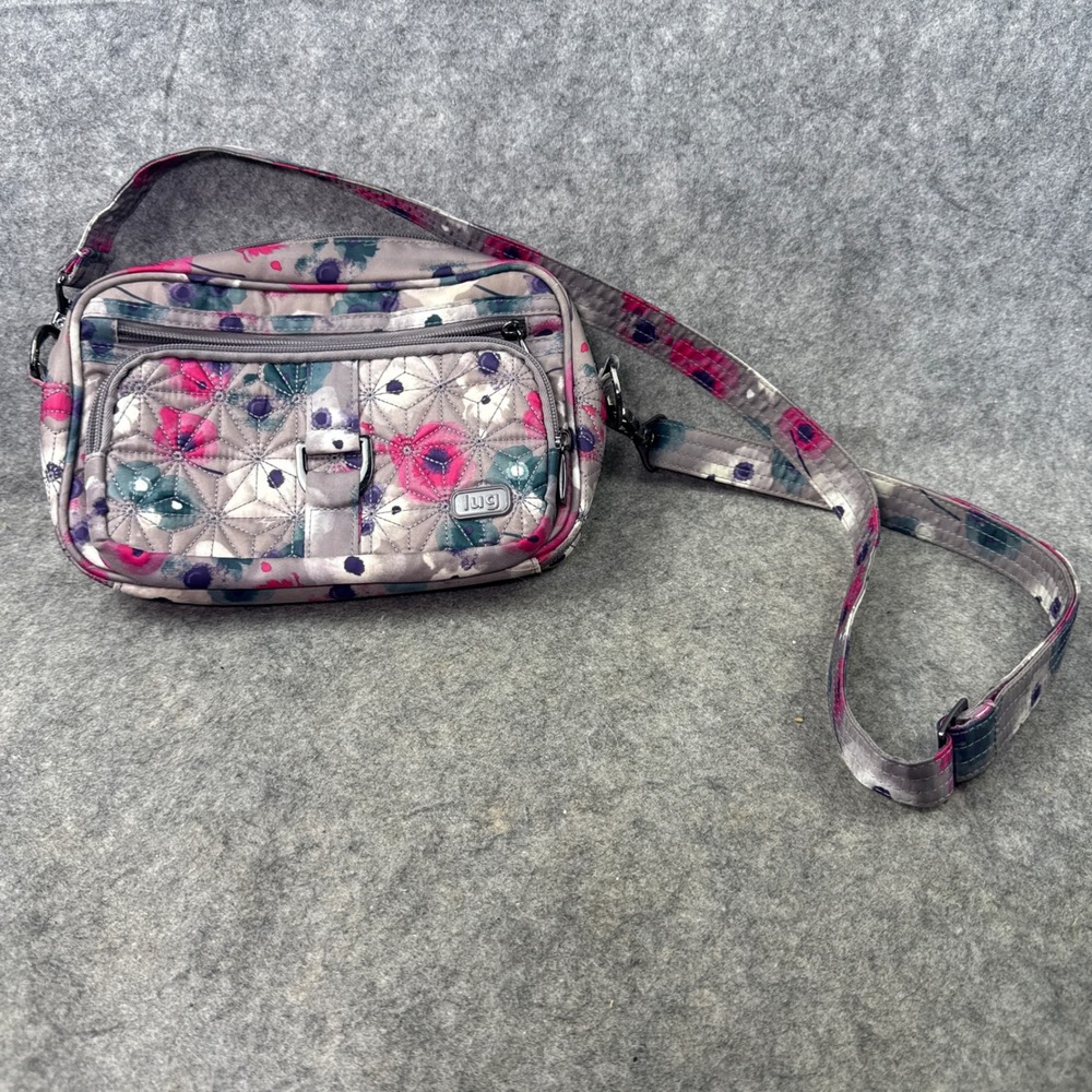 Lug Carousel Crossbody Bag Watercolor Floral Grey Pink Quilted Travel Purse